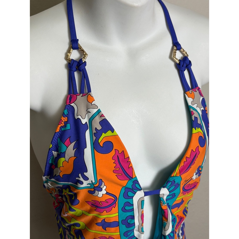 Trina Turk Plunge One Piece Swimsuit 6 Mediterranean *Missing small back tie - Picture 4 of 9
